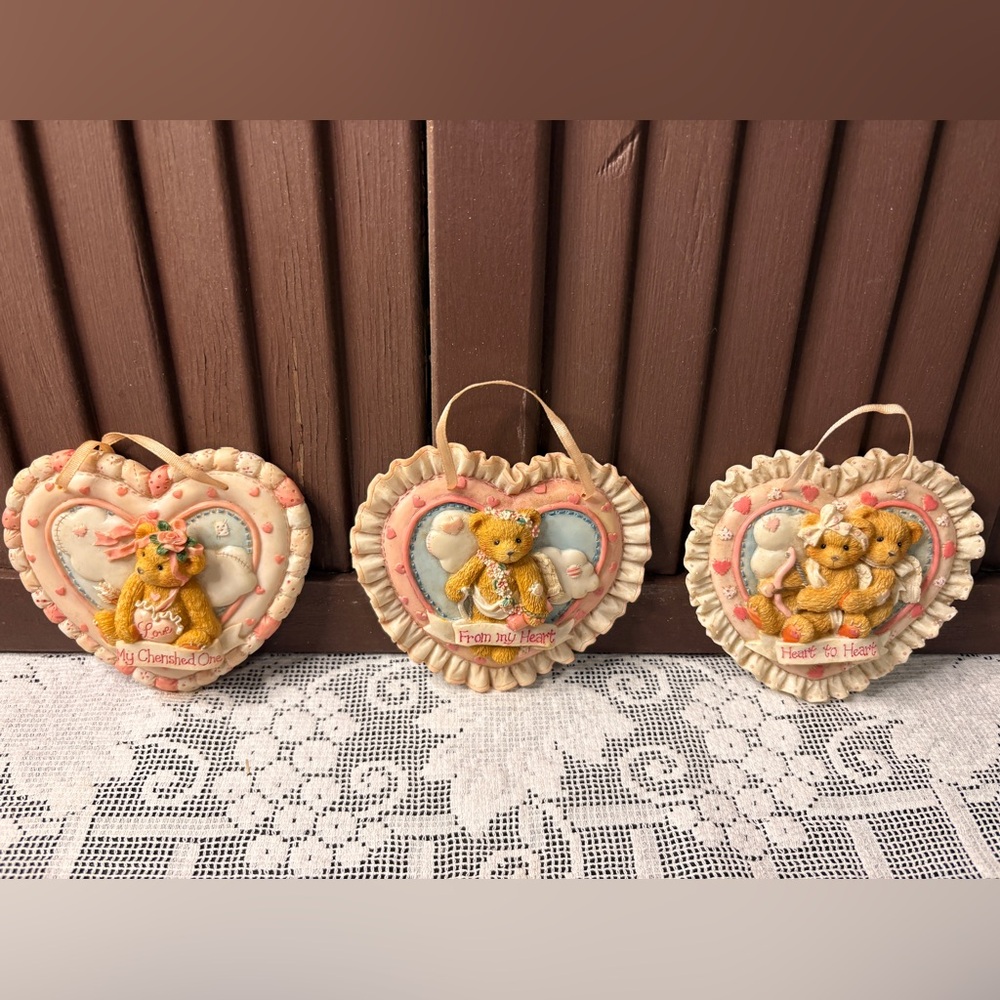 Cherished Teddies Heart Ornaments - Cream and Pink Set of 3